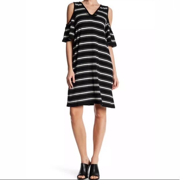 black and white cold shoulder dress